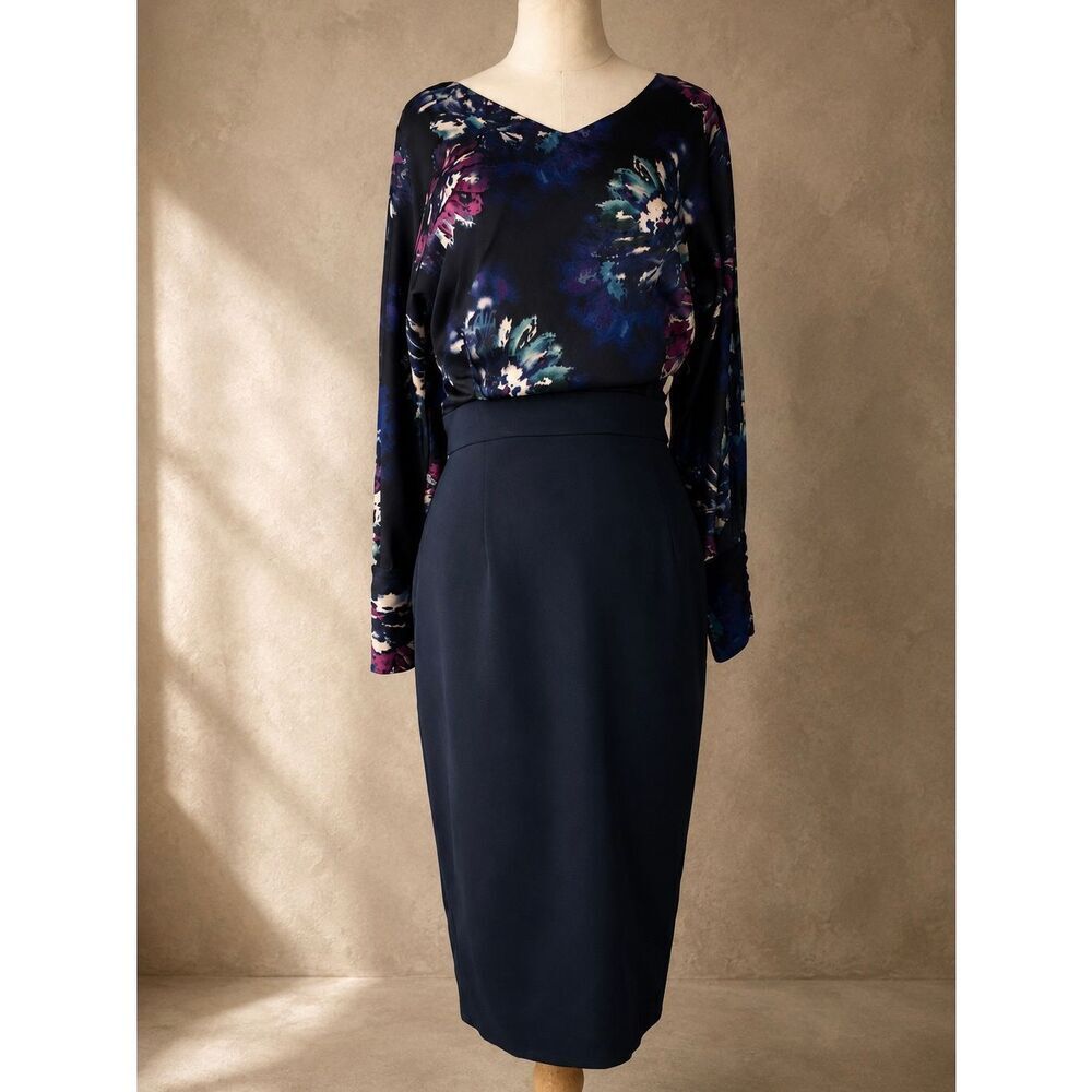 Ellen Tracy Sz 8 Navy Floral Cocktail Dress